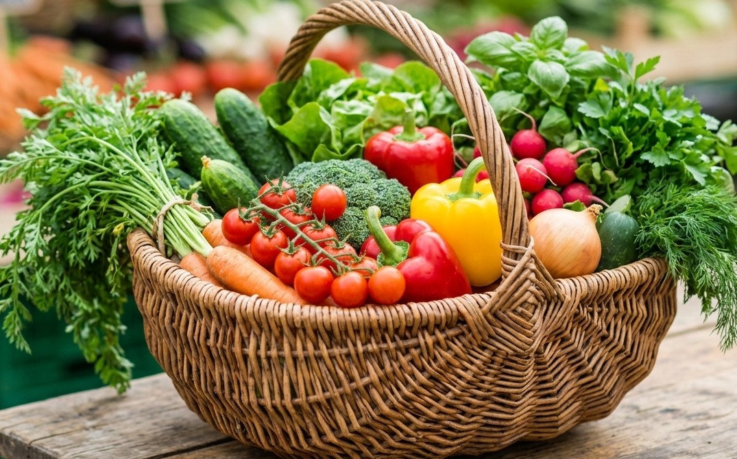 A basket filled with fresh vegetables, leafy greens and peppers